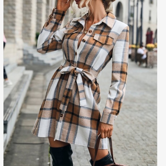 Cozy Button Up Plaid Belted Shirt Dress - Picture 6 of 6